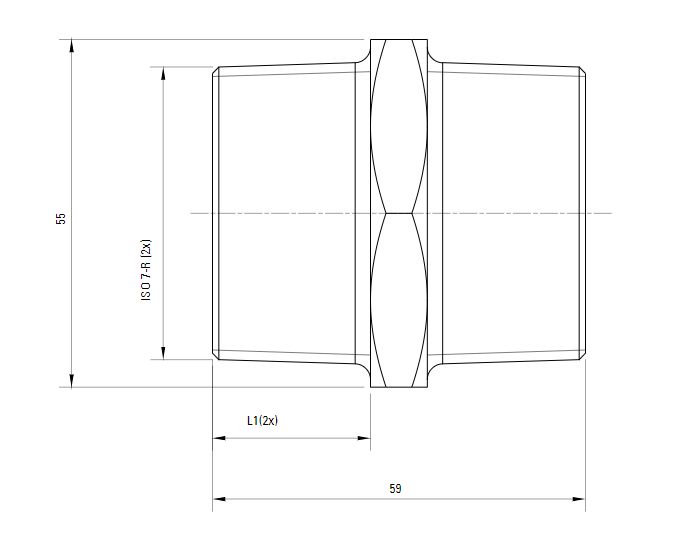Схема шестигранного штуцера с наружной резьбой ISO 7-R AIRnet (для систем трубопровода сжатого воздуха). Диаметр резьбы 40 мм.