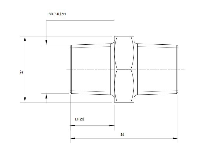 Схема шестигранного штуцера с наружной резьбой ISO 7-R AIRnet (для систем трубопровода сжатого воздуха). Диаметр резьбы 12 мм.