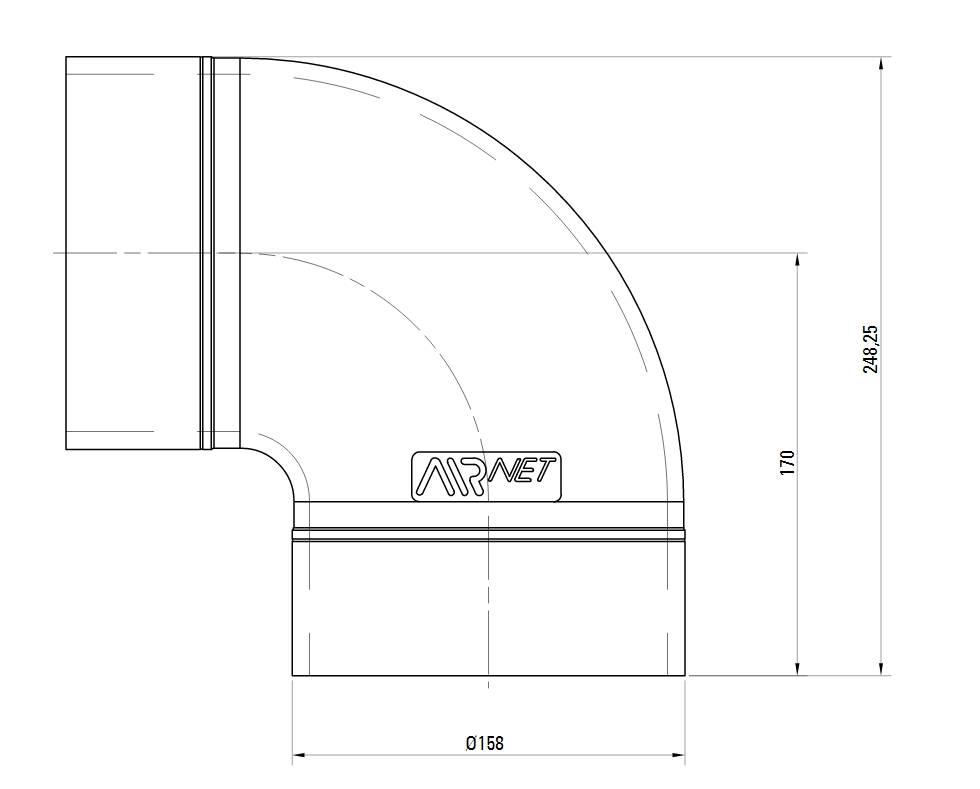 Схема колена. Угловое соединение 90° AIRnet.Алюминиевая труба. Диаметр 158.