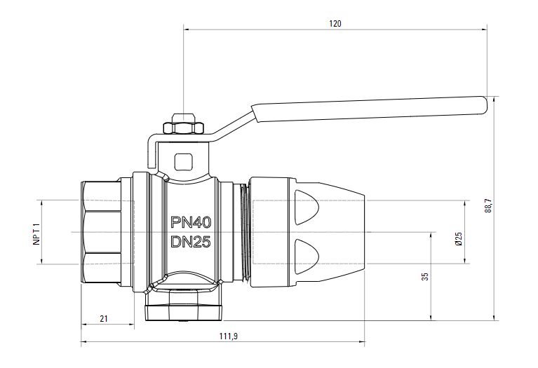 Схема шарового клапана AIRnet с внутренней резьбой NTP (для систем трубопровода сжатого воздуха)Алюминиевая труба. Диаметр 25 мм.
