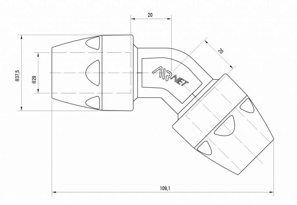 Схема колена. Угловое соединение 45° AIRnet.Алюминиевая труба. Диаметр 20.
