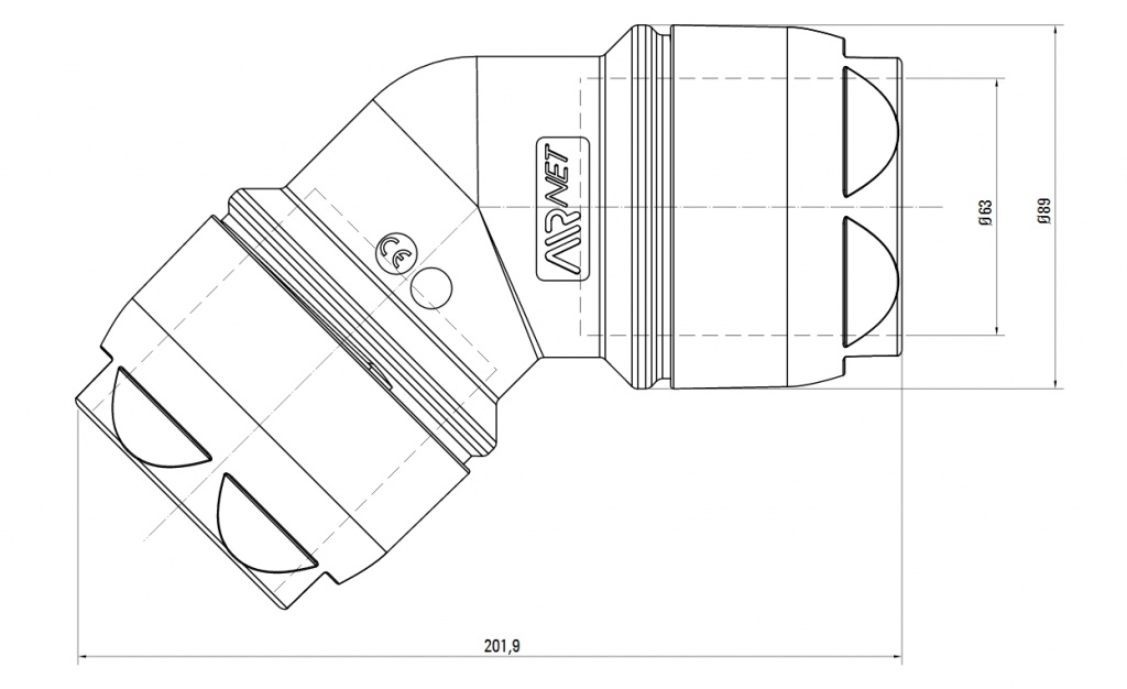 Схема колена. Угловое соединение 45° AIRnet.Алюминиевая труба. Диаметр 63. Схема колена. Угловое соединение 45° AIRnet.Алюминиевая труба. Диаметр 63.