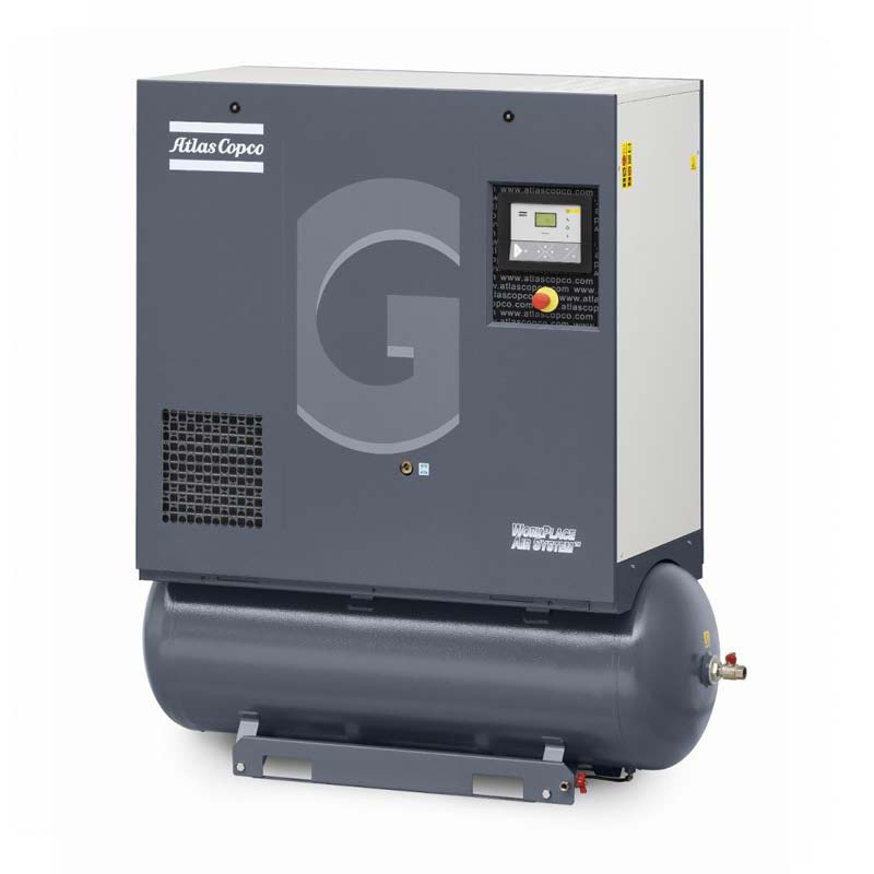 Винтовой, маслозаполненный, воздушный компрессор Atlas Copco GA мощностью 5 -11 кВт. Со встроенным осушителем. Исполнение: на ресивере 270 л.