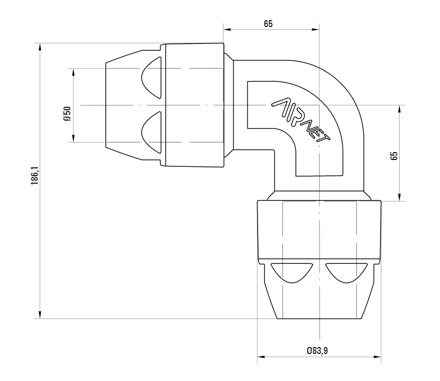 Схема колена. Угловое соединение 90° AIRnet.Алюминиевая труба. Диаметр 50.