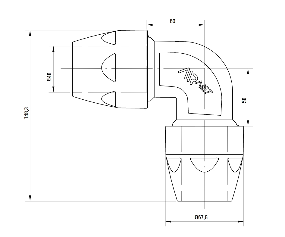 Схема колена. Угловое соединение 90° AIRnet.Алюминиевая труба. Диаметр 40.