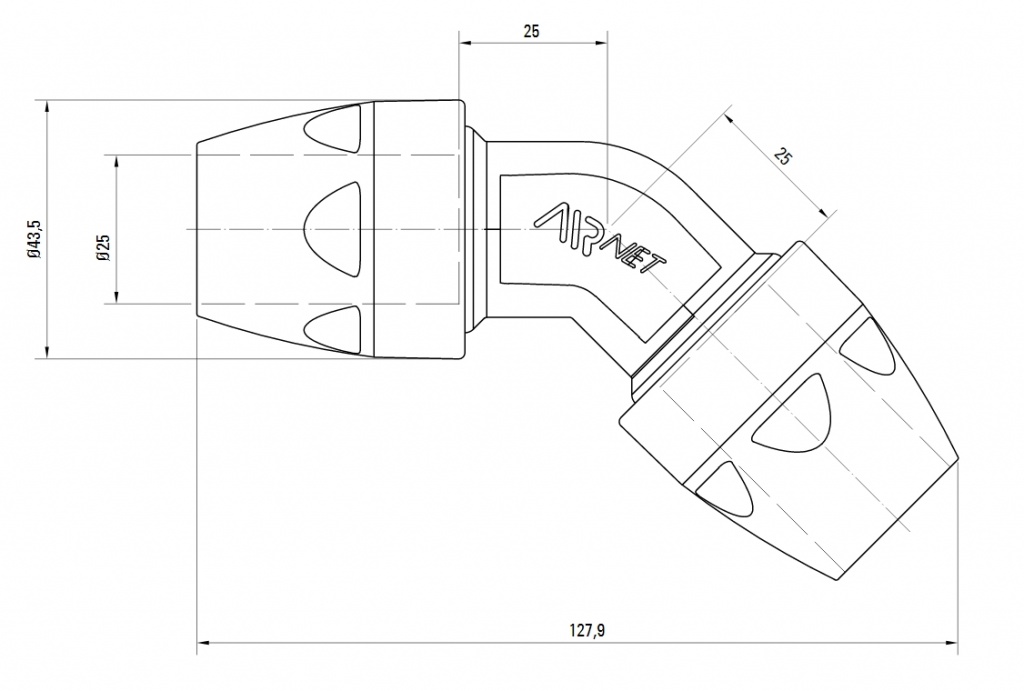 Схема колена. Угловое соединение 45° AIRnet.Алюминиевая труба. Диаметр 25.