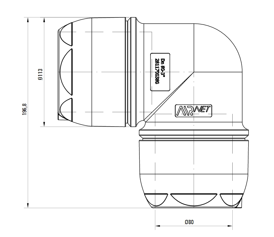Схема колена. Угловое соединение 90° AIRnet.Алюминиевая труба. Диаметр 80.