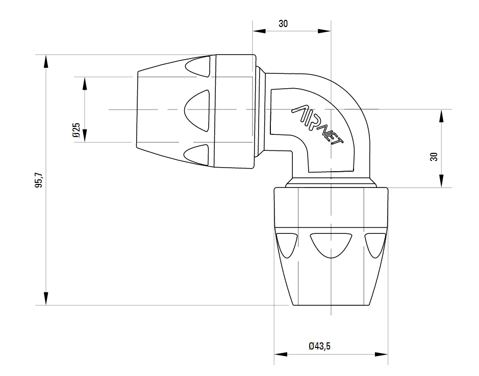 Схема колена. Угловое соединение 90° AIRnet.Алюминиевая труба. Диаметр 25.