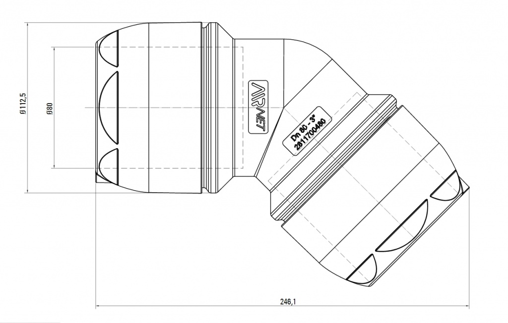 Схема колена. Угловое соединение 45° AIRnet.Алюминиевая труба. Диаметр 45. Схема колена. Угловое соединение 45° AIRnet.Алюминиевая труба. Диаметр 45.