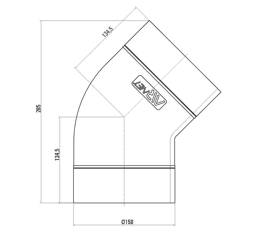 Схема колена. Угловое соединение 45° AIRnet.Алюминиевая труба. Диаметр 158.