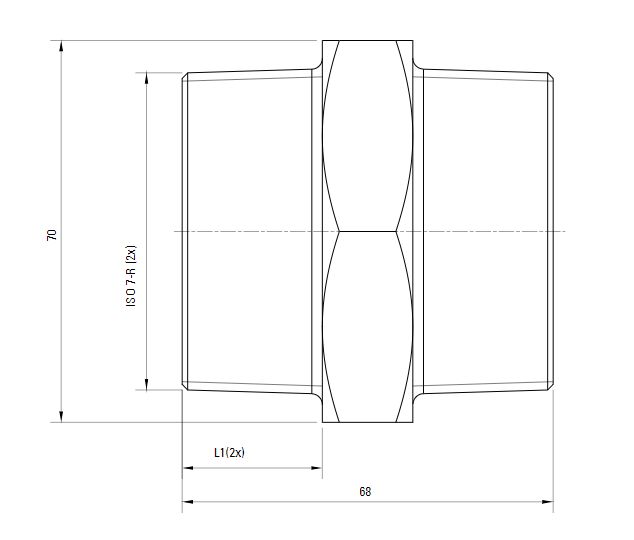 Схема шестигранного штуцера с наружной резьбой ISO 7-R AIRnet (для систем трубопровода сжатого воздуха). Диаметр резьбы 50 мм.